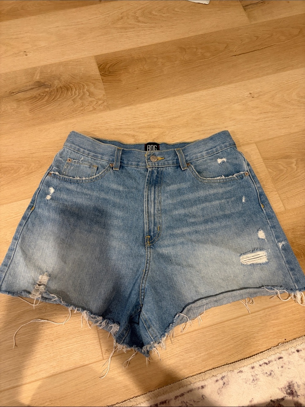 BDG a line High-Waist Distressed Denim Shorts - Light Blue size 32